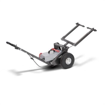 Cropped image of the TowFLEXX TF1 aircraft tow tractor, specially designed for larger small aircraft. This compact and efficient tug is characterized by its robust design and powerful electric drive technology, ideal for use in hangars and airport areas. The TF1 offers a reliable solution for the safe and precise maneuvering of aircraft.